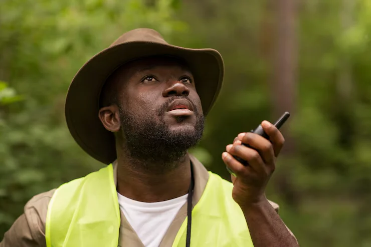 Field researcher using a tablet for mobile data collection during Monitoring and Evaluation in Africa
