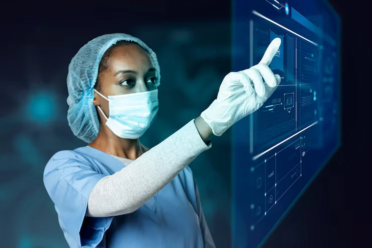 Nurse using a digital dashboard for Monitoring and Evaluation in African healthcare development