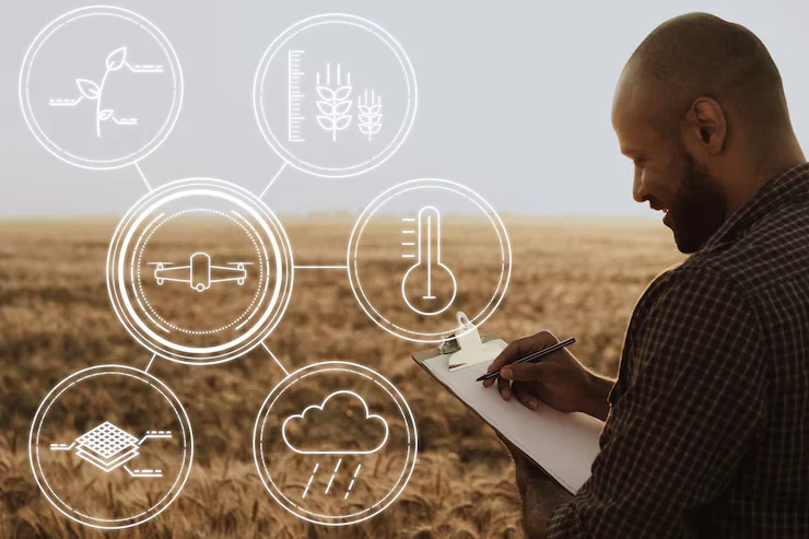 African farmers using innovative and sustainable methods in a green field to boost food security and climate resilience.