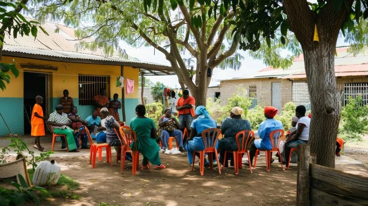 Community members participating in a Monitoring and Evaluation discussion in a rural African village