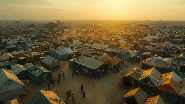 IDP camp in Eastern DRC with tents and aid stations, showing the importance of M&E in humanitarian response.
