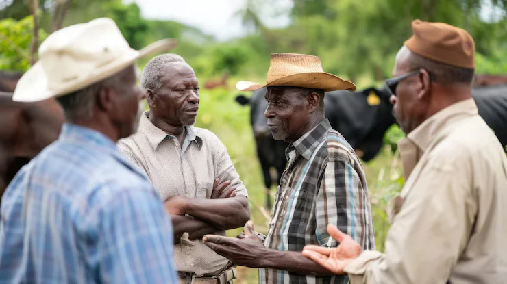 African farmers and policymakers discussing agricultural innovation and policy.