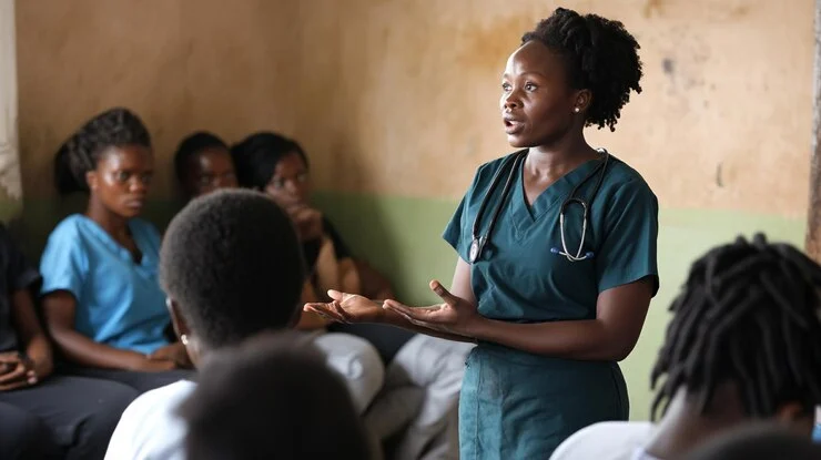 Community health worker engaging local women in West Africa for reproductive health education