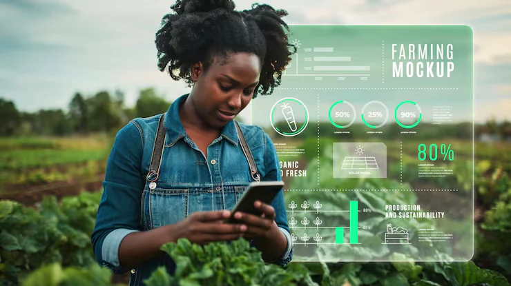 African farmer analyzing crop data on a digital device