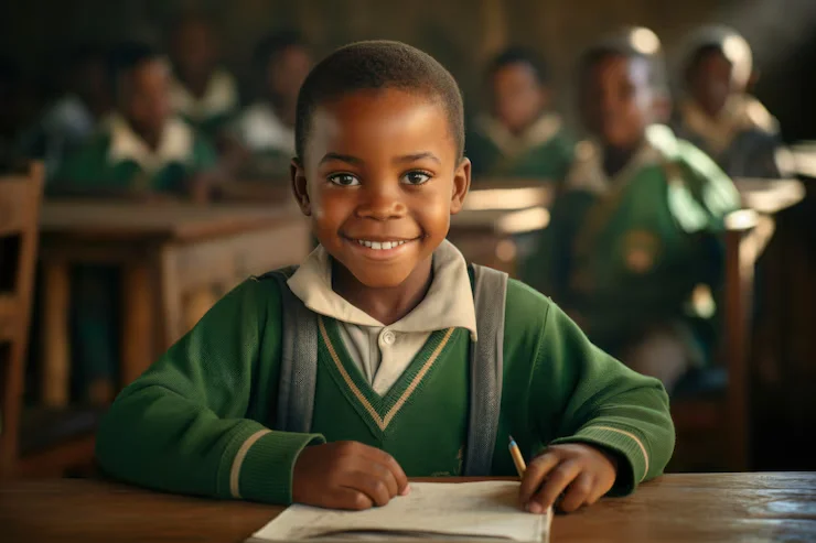 Smiling African children in a new school—a result of effective monitoring and evaluation in Africa