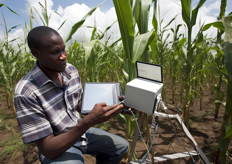 Maize farm in Africa under pest surveillance with data collection tools