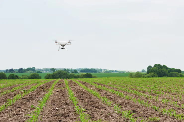 Drone view of African farmland showing crop monitoring and farming productivity