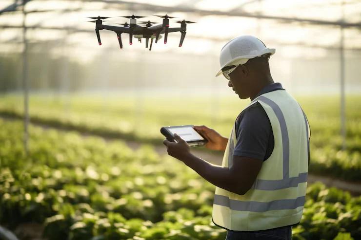 African farmer using drone to monitor farmland for improved agricultural productivity