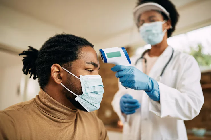 Public health officials analyzing disease surveillance data on a digital dashboard
