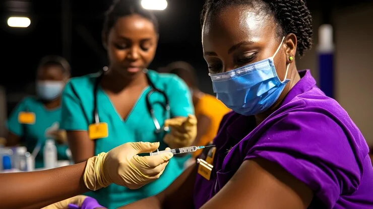Health worker giving vaccine to a woman in rural area, representing global immunization programs.