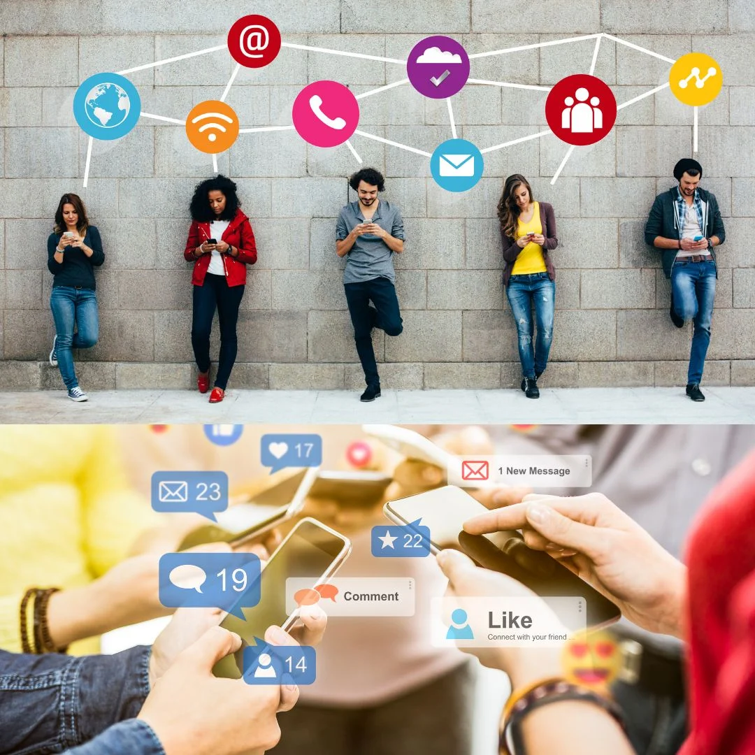 Split view comparing social listening vs. social research through mobile usage and data dashboards